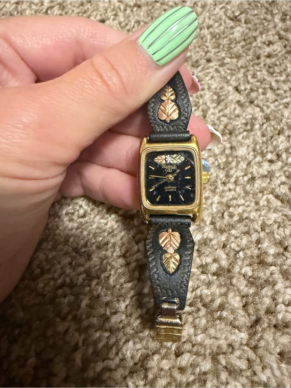 Black Hills Gold-Tone Black Dial Leaf Accent Women's Wristwatch